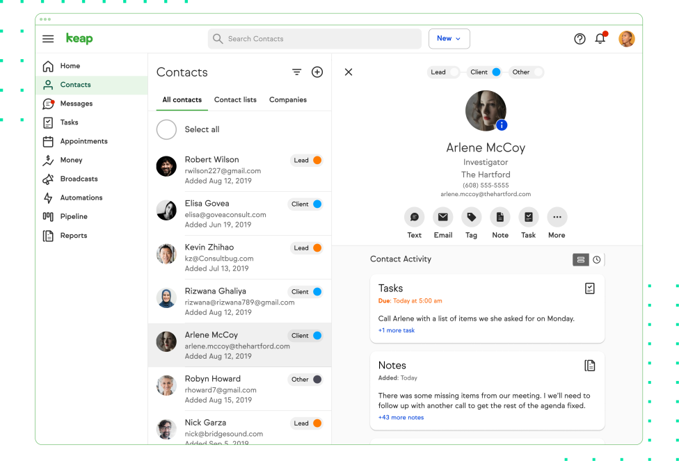 Keap contact record dashboard screenshot
