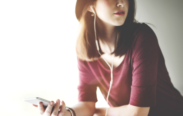 Woman Listening Music Media Entertainment Podcast Relaxation Concept
