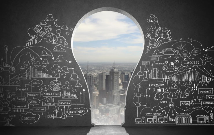 lightbulb surrounded by ideas opening to a big city