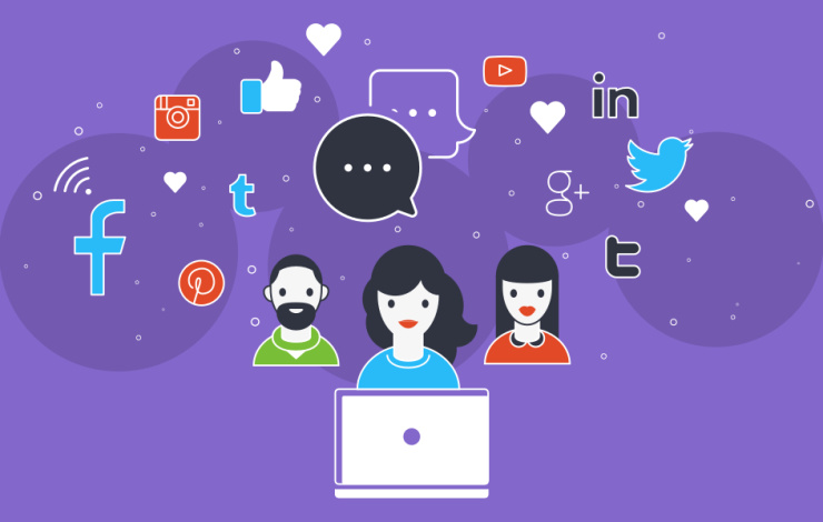 illustration symbolizing social media showing three humans with a social media cloud around their heads