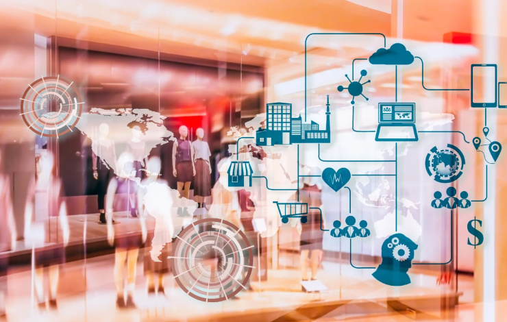 Marketing Data management platform concept image. Data collection icons on abstract Fashion stroe background.