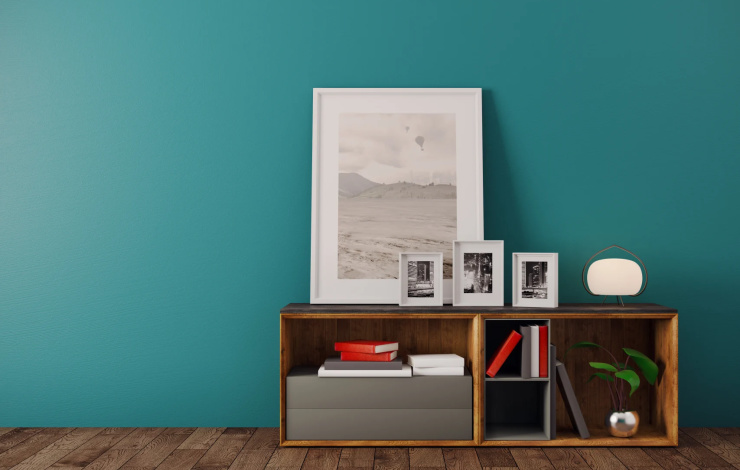 Frames on blue wall