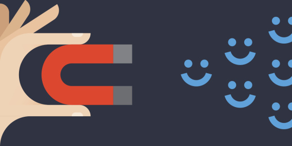 An illustration of a hand holding a magnet and attracting smiley faces.