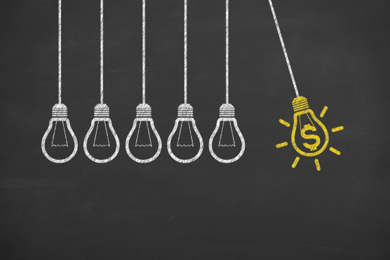 six lightbulb drawings, one with a dollar sign