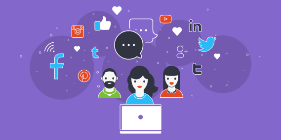 illustration symbolizing social media showing three humans with a social media cloud around their heads