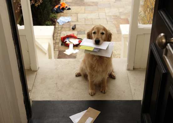 loyal dog at door with mail