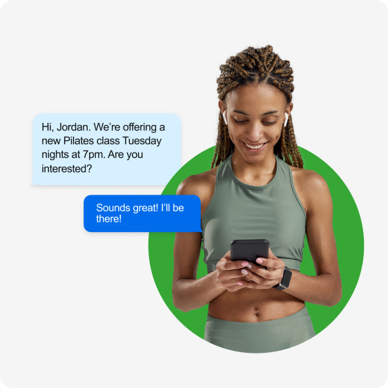Graphic showing a woman receiving personalized text messages (Revised)