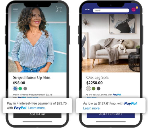 Women modeling a striped button-up shirt and an oak leg sofa with PayPal Credit options to pay later.