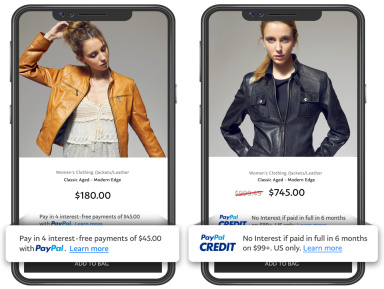 Women modeling leather jackets with PayPal Credit options to pay later.