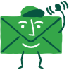 Graphic icon of a postal letter with legs, arms and a hat, waving his hand.