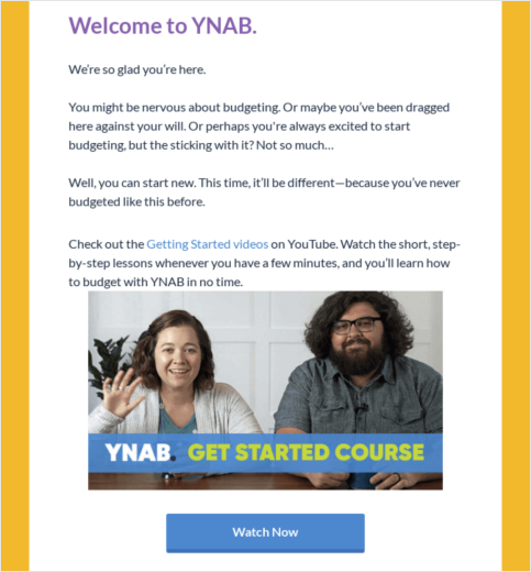 Welcome to YNAB email example. Full copy in YNAB link below.