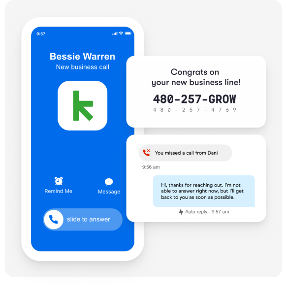 Graphic of a phone receiving a phone call and a text message from the Keap business line