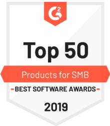 Top 50 products for small business 2019 G2 Crowd award badge
