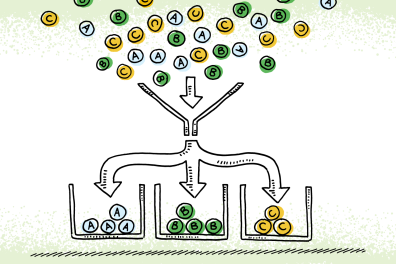 Illustration of funnel sorting balls with letters on them.