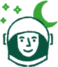 Icon of a person's head wearing an astronaut helmet with stars and a crescent moon in the background.