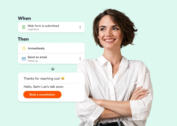 Woman standing next to UI of Keap's When Then automation builder