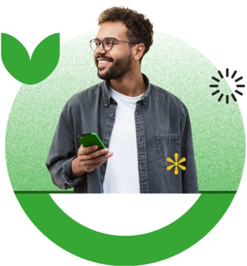 Graphic of man smiling holding a phone.