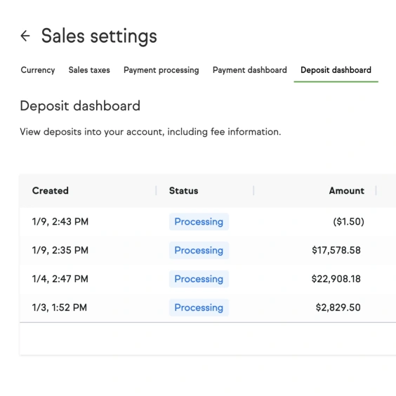 UI of the Deposit dashboard in the Sales settings view