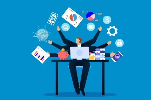 Graphic of a man jugglings things like spreadsheets and a phone