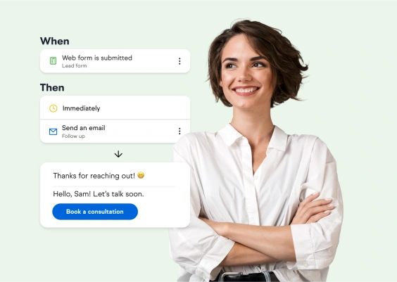 Woman standing next to UI of Keap's When Then automation builder