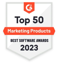 G2 award badge for Top 50 marketing products 2023