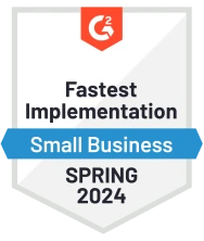 G2 award badge for Fastest Implementation Small Business Spring 2024