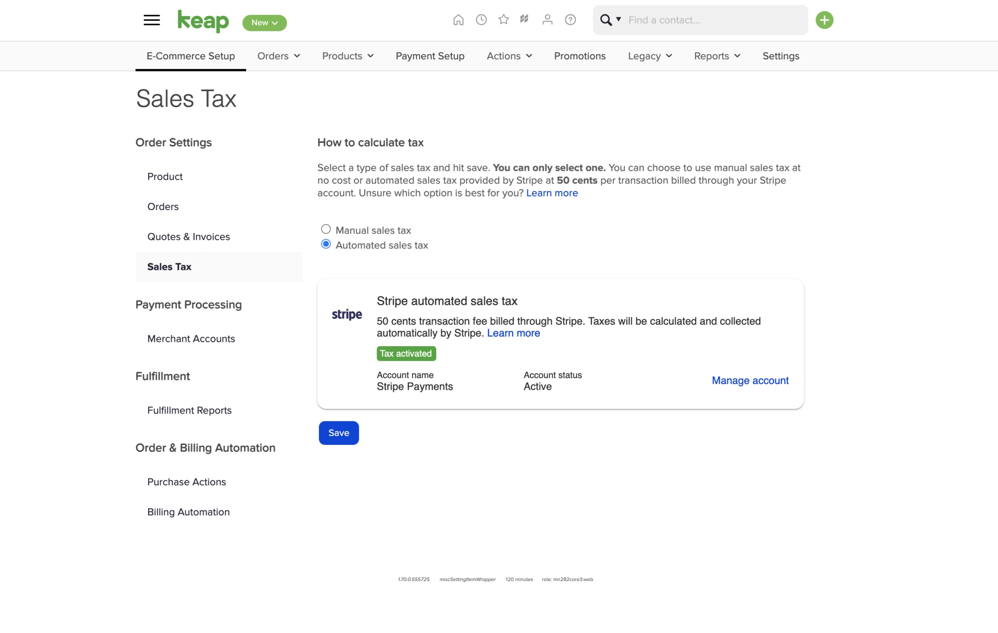 Keap in app dashboard sales tax