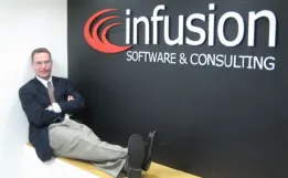 Picture of Clate Mask reclining on a desk in front of new company sign.