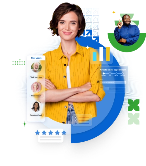 Woman smiling with automation graphics around her