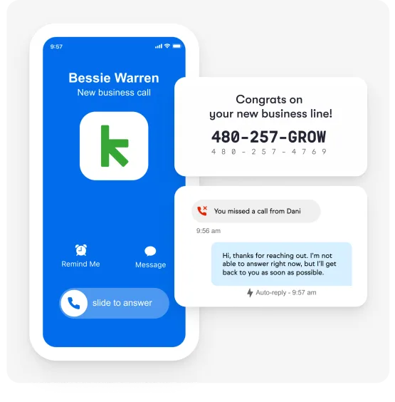 Graphic of a phone receiving a phone call and a text message from the Keap business line