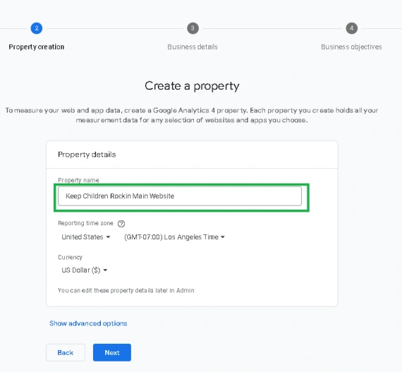 Creating a property in google analytics