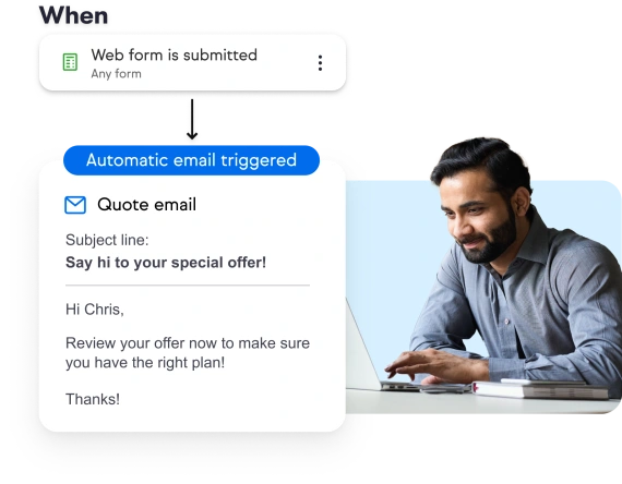 Screenshot of Keap's Easy Automation builder, with picture of a person working on a laptop.