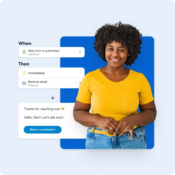 Graphic of automated funnel examples and a woman standing to the right of them