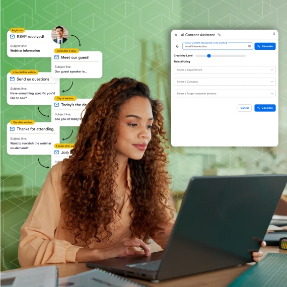 Person using AI Content Assistant on a laptop to plan and generate email campaigns for a webinar.
