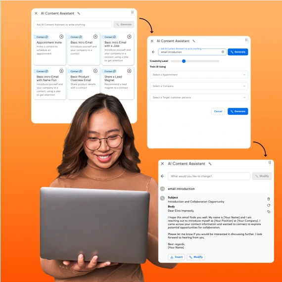Smiling person using AI Content Assistant on a laptop to generate and refine email content.