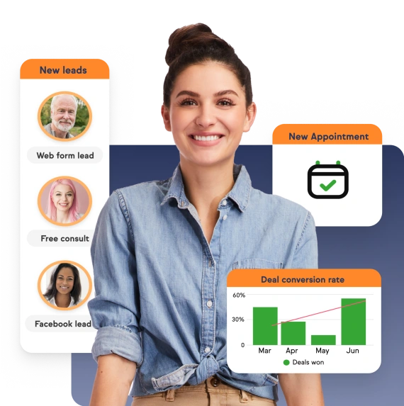 Smiling woman in front of business graphics showing new leads, appointments, and a deal conversion chart.