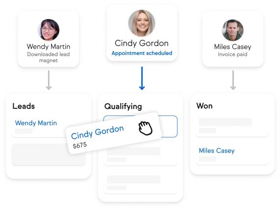 Example UI of dragging leads between pipeline stages