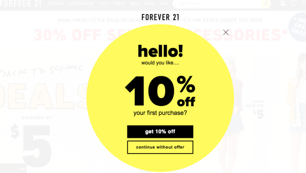 Forever 21 pop-up offering 10% off