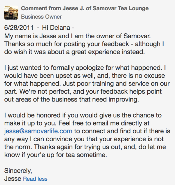 Samovar Tea Lounge owner response