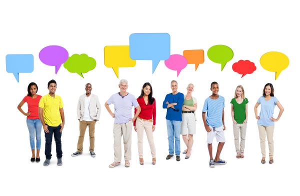 group of people with speech bubbles above them