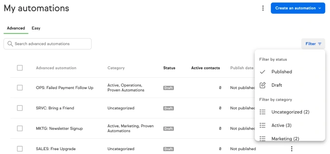 Manage automation categories dropdown in Keap app