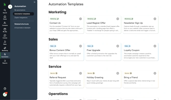 Automation template examples in Keap app