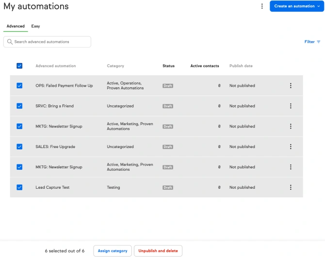 Options to sort, select, and filter automation in Keap app