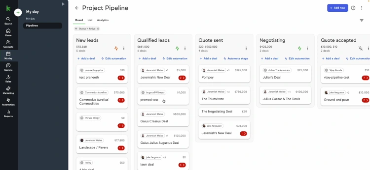 Example of Keap pipeline board view