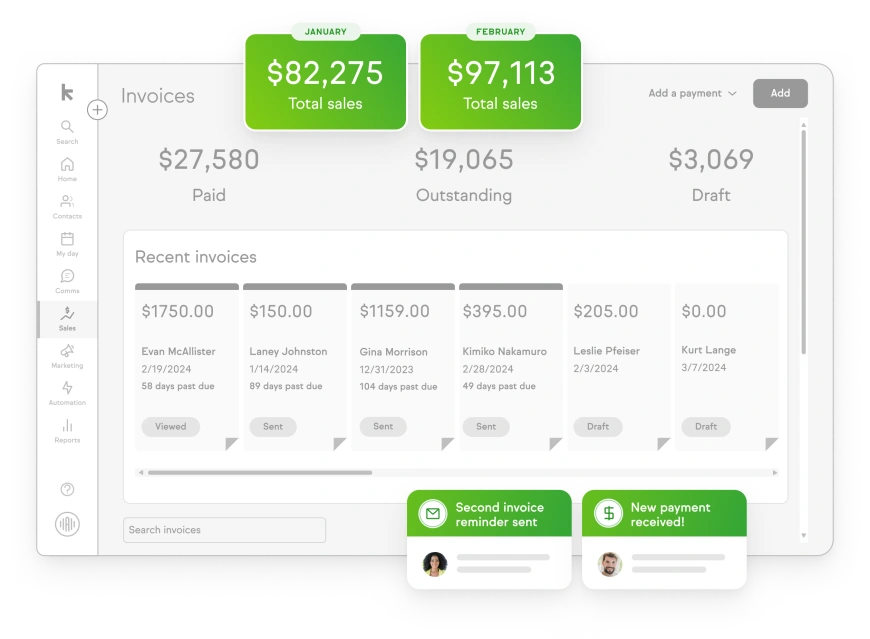 Example of Payment Dashboard in Keap app