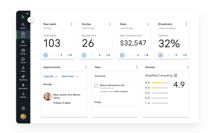 Keap Pro dashboard in app