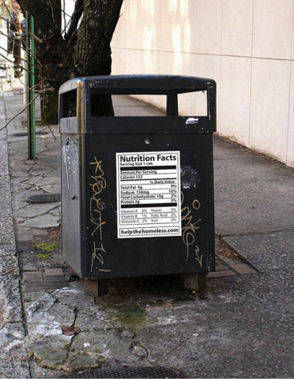 Guerrilla marketing: nutrition facts on trash can ad