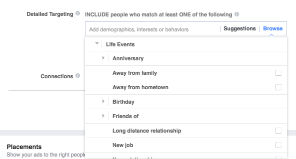 audience life events in facebook ads