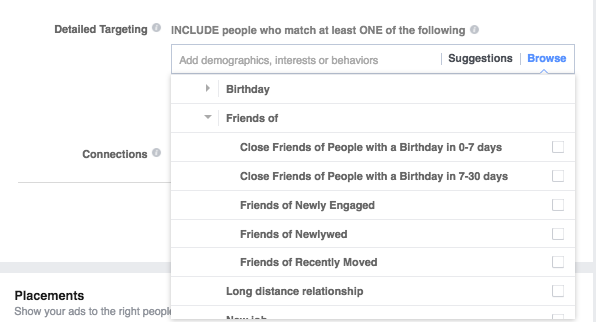 detailed targeting friends of in facebook ads
