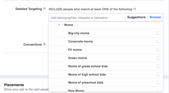 detailed targeting moms in facebook ads